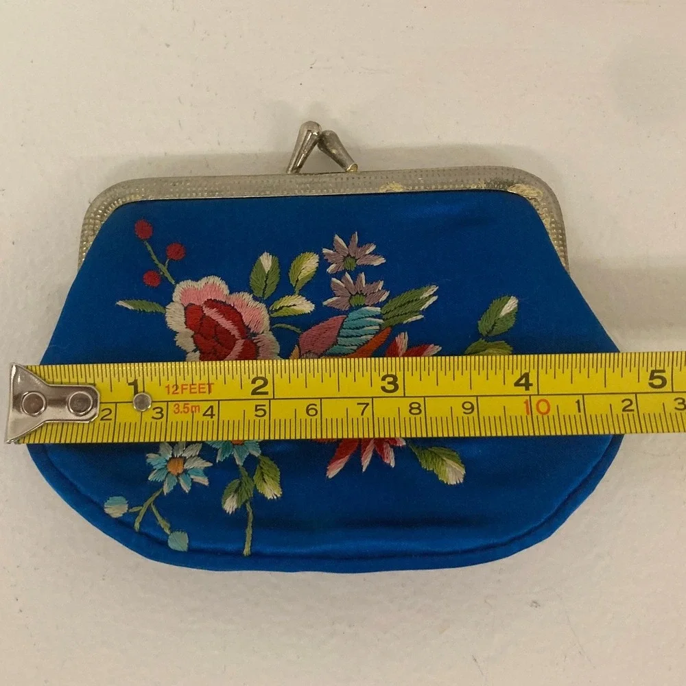 VTG Royal Blue Embroidered Floral Bird Kiss Lock Coin Purse Pouch Asian Oriental
